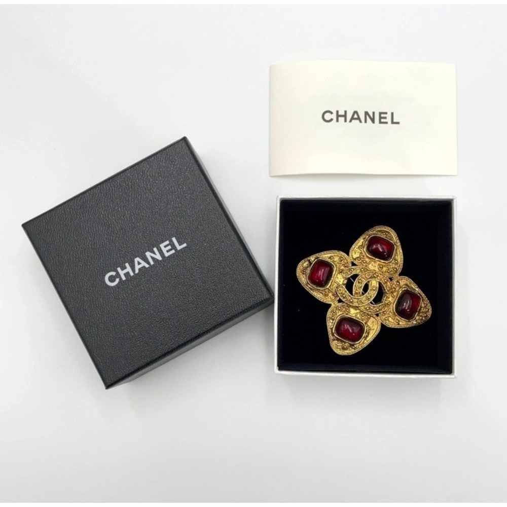 Auth Chanel Coco Gripoix Red GP Brooch 94A engraved W/Box BA060465